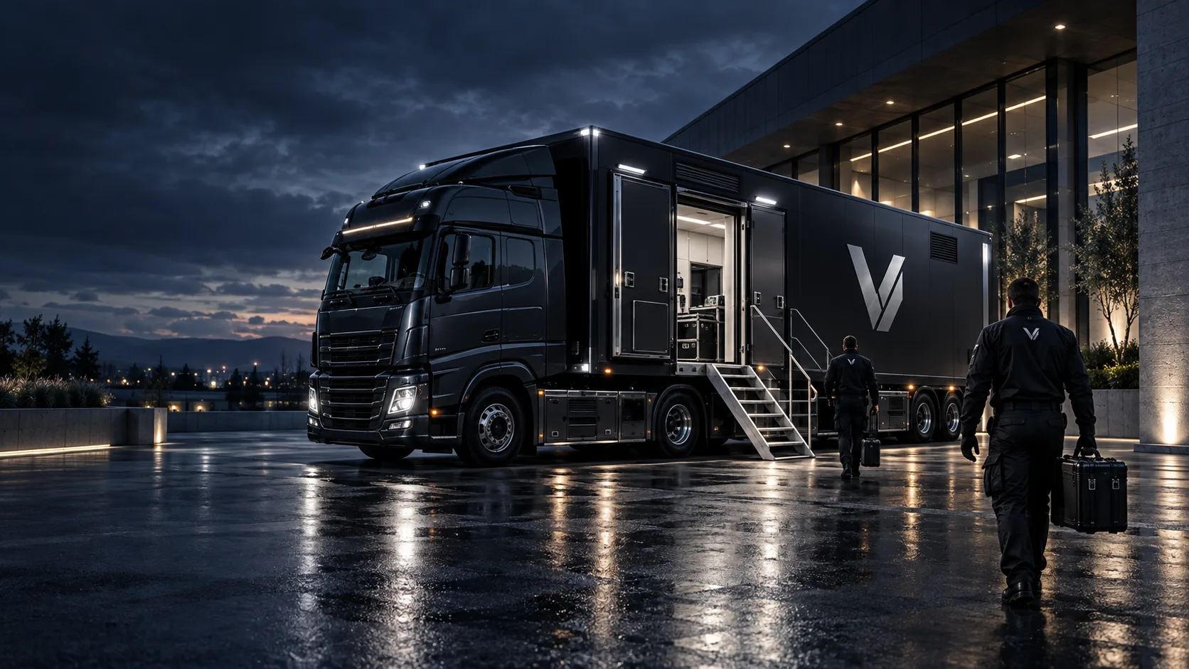 Mobile VID Finalisierungseinheit vor einem Industriegebäude